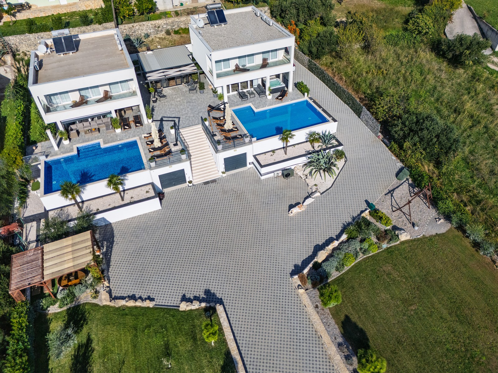 Aerial view of the villas and extensive private garden